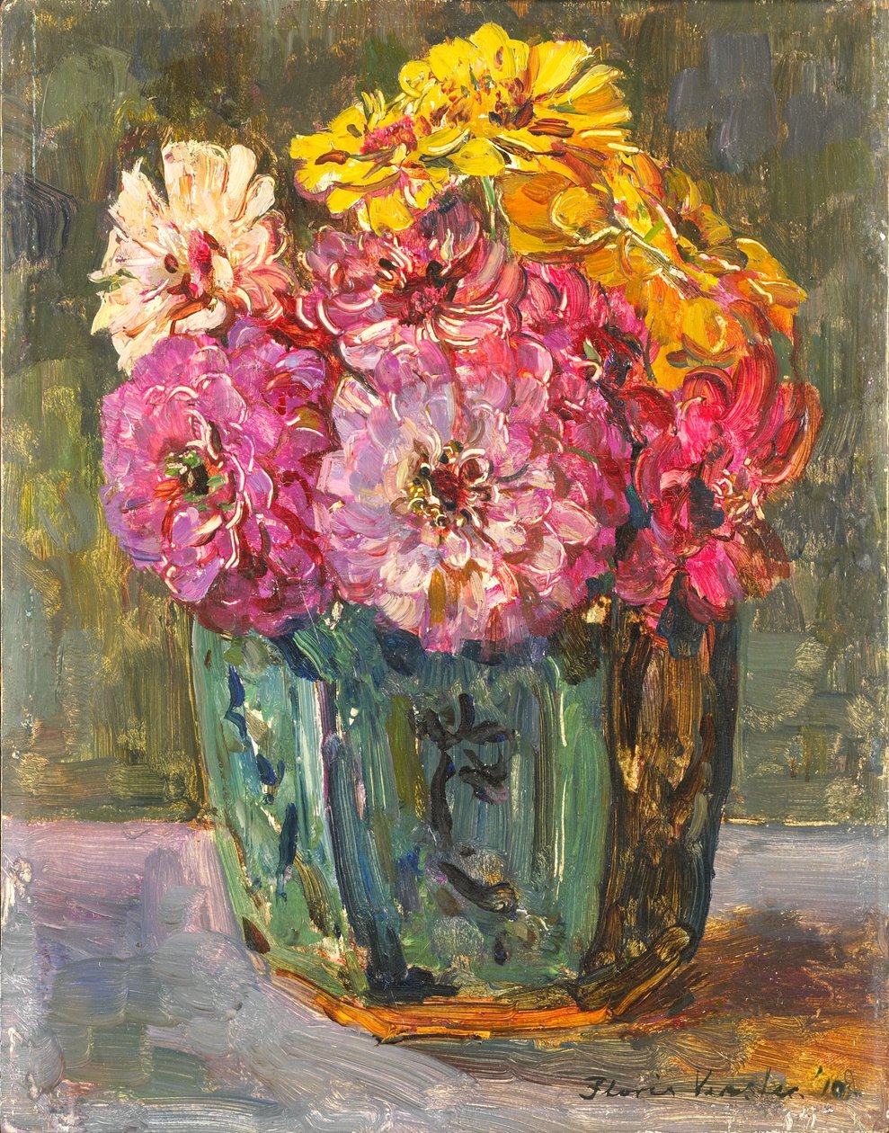 Stillife z cynerią w doniczce z imbirem. autorstwa Floris Verster