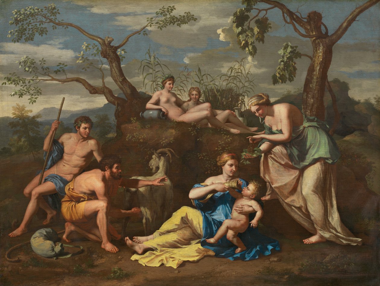 Nimfy karmiące dziecko Jowisz autorstwa Follower of Nicolas Poussin