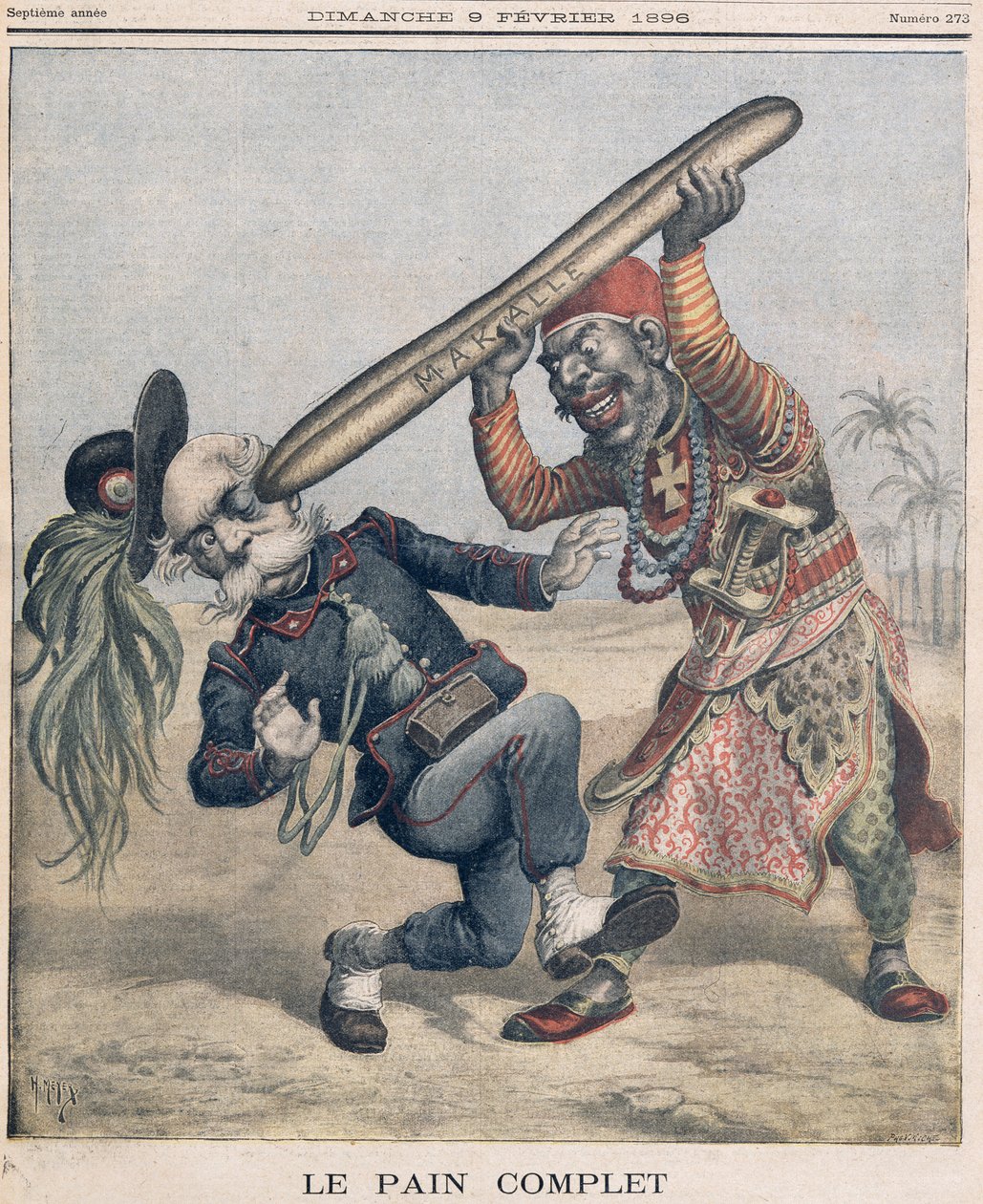 Karykatura Francesco Crispi (1818-1901) i klęska armii włoskiej podczas oblężenia Makalle w Etiopii. okładka „Le Petit Journal”, 9 lutego 1896 r. autorstwa Fortune Louis Meaulle and Henri Meyer