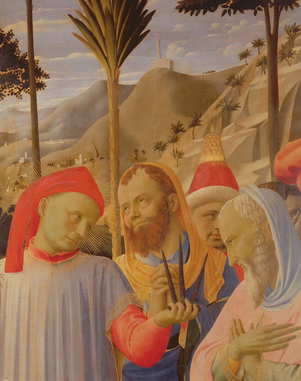 Ołtarz Santa Trinita, szczegół przedstawiający grupę mężczyzn, w tym prawdopodobnie Nikodema i Józefa z Arymatei, ok. 1434 (tempera i złoto na panelu) autorstwa Fra Angelico