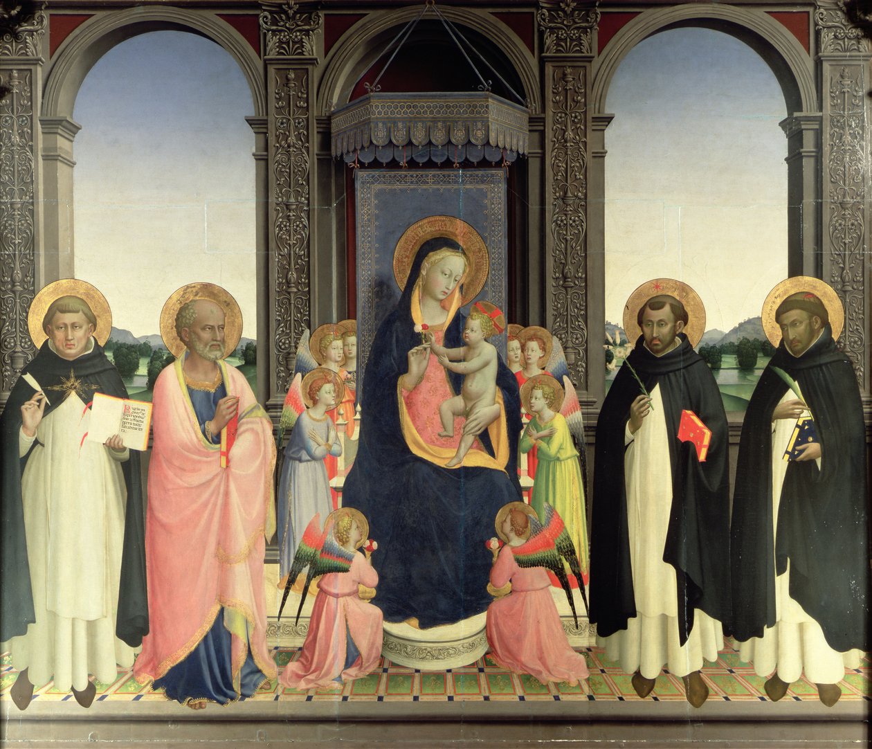 Dziewica z Dzieciątkiem na tronie z Aniołami i św. Tomaszem z Akwinu, św. Barnaba, św. Dominikiem i św. Piotrem Męczennikiem, ok. 1422 (tempera na panelu) (patrz 238446 i 43913) autorstwa Fra Angelico