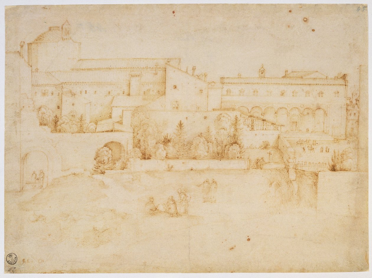 Widok na kościół i klasztor Santa Croce, Florencja (brązowy tusz na papierze) autorstwa Fra Bartolommeo