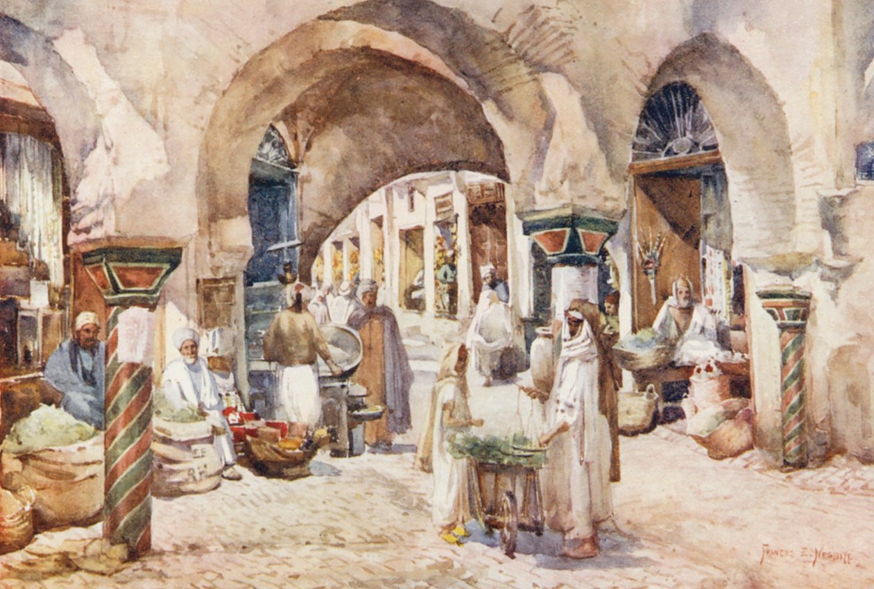 Souk el Attarin, Tunis (kolorowa litografia) autorstwa Frances Nesbitt