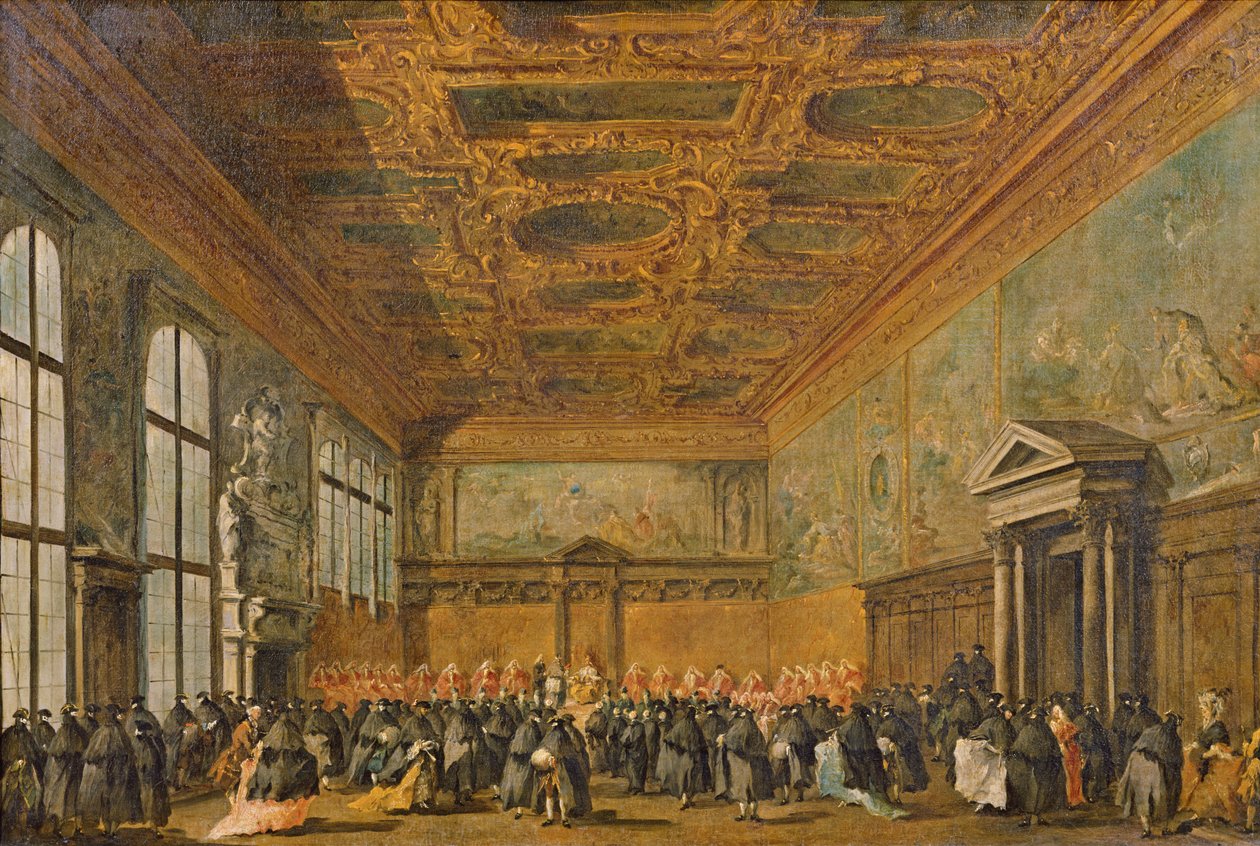 Publiczność udzielona przez doża Wenecji w pokoju College Pałacu Dożów, c.1766-70 autorstwa Francesco Guardi