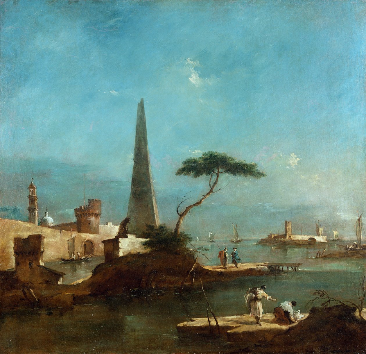 Obelisk przy wejściu do otoczonego murem portu autorstwa Francesco Guardi