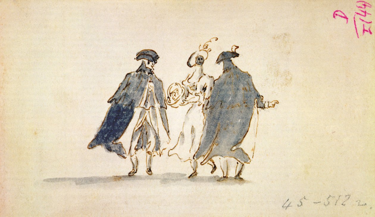 Trzy zamaskowane postacie w strojach karnawałowych autorstwa Francesco Guardi