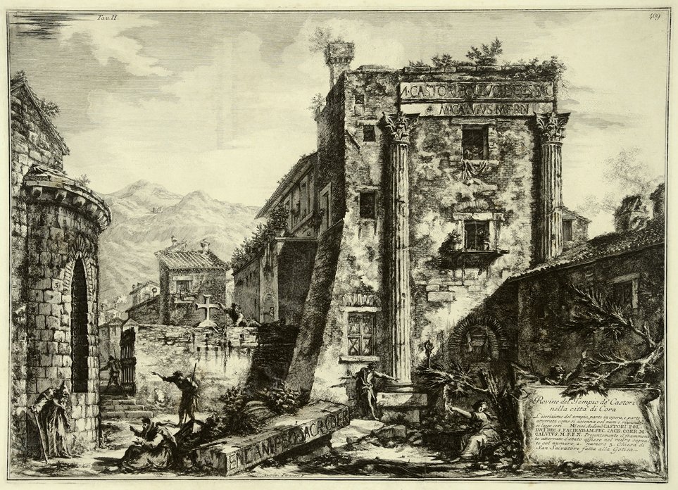 Ruiny świątyni Castori, z albumu Starożytności Cora autorstwa Francesco Piranesi