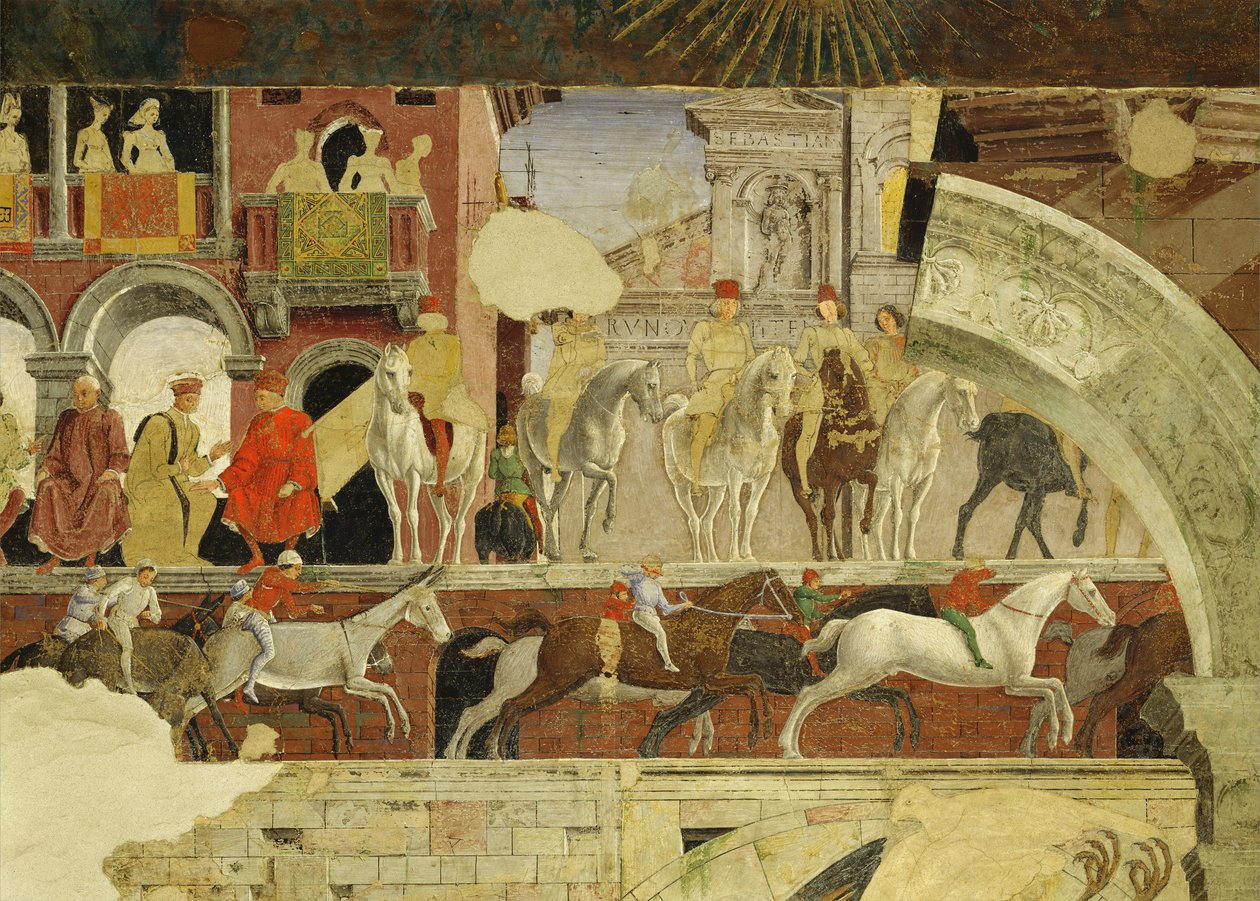 Alegoria kwietnia: przedstawienie na placu Borso dEste, fragment biegnących koni i osłów, 1469-70, fresk autorstwa Francesco del Cossa