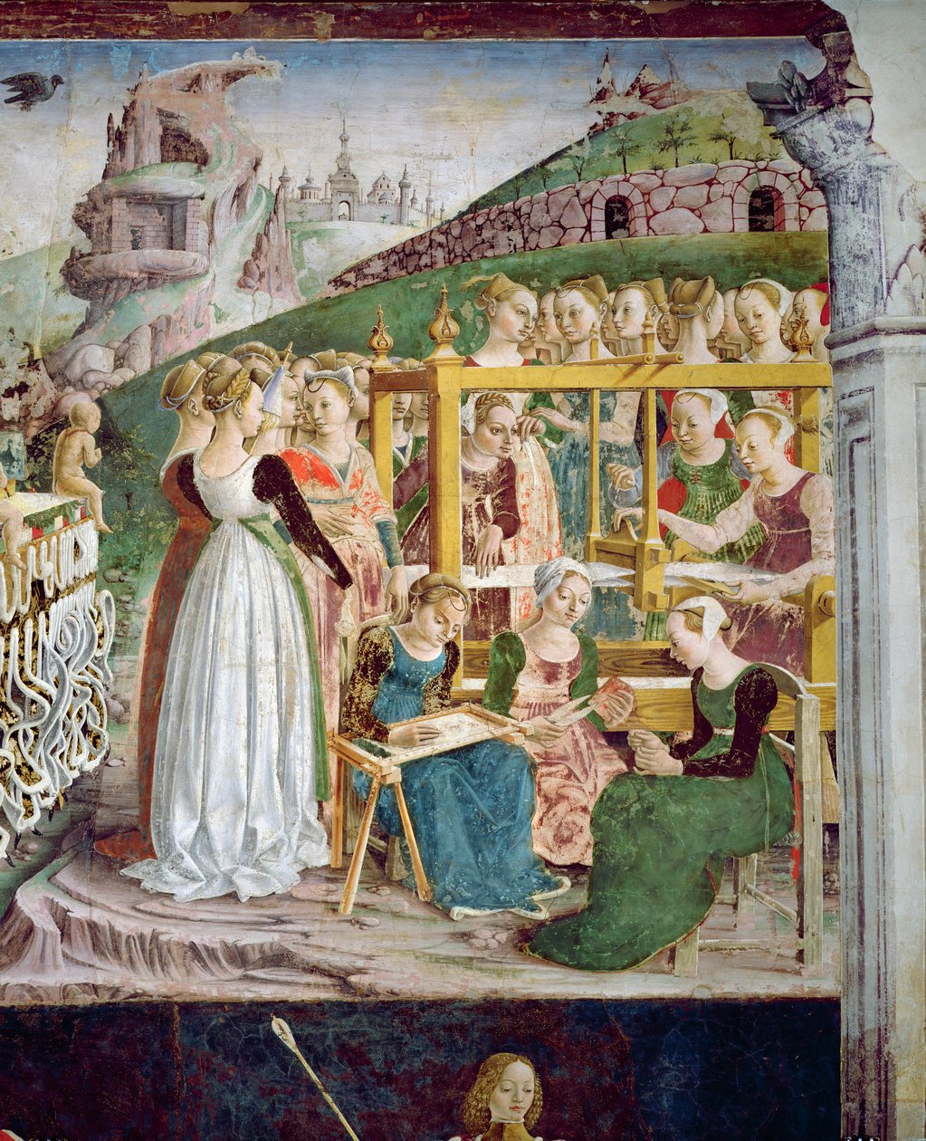 Triumf Minerwy: Marzec, z Sali Miesięcy, detal tkaczy, ok. 1467-70 autorstwa Francesco del Cossa