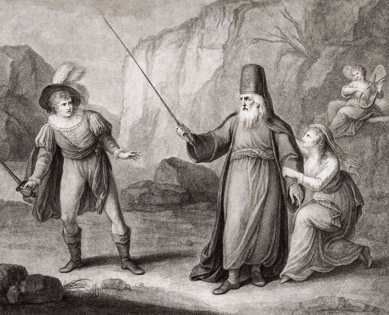 Prospero rozbrajający Ferdynanda. Szekspir. Burza (grawerowanie) autorstwa Francesco Bartolozzi