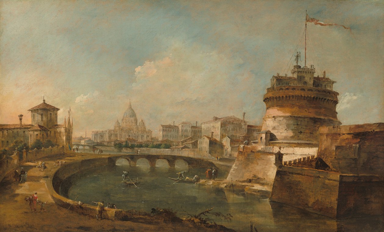 Fantastyczny widok na Zamek Świętego Anioła w Rzymie autorstwa Francesco Guardi