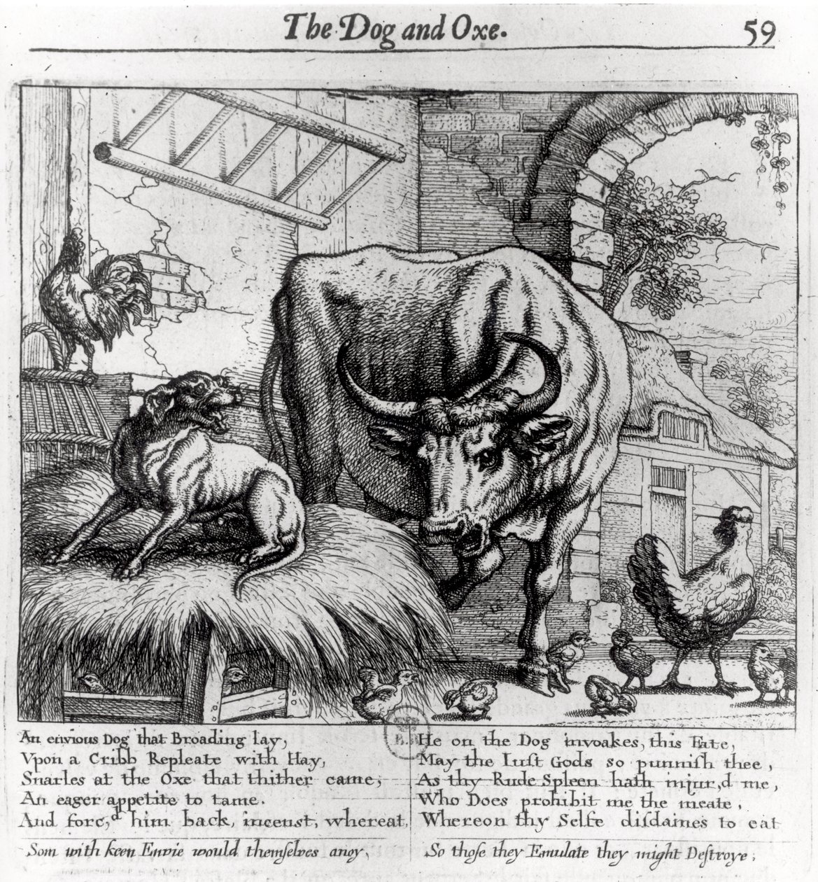 Ilustracja do „Pies i wół”, z Bajek Ezopa, 1666 autorstwa Francis Barlow