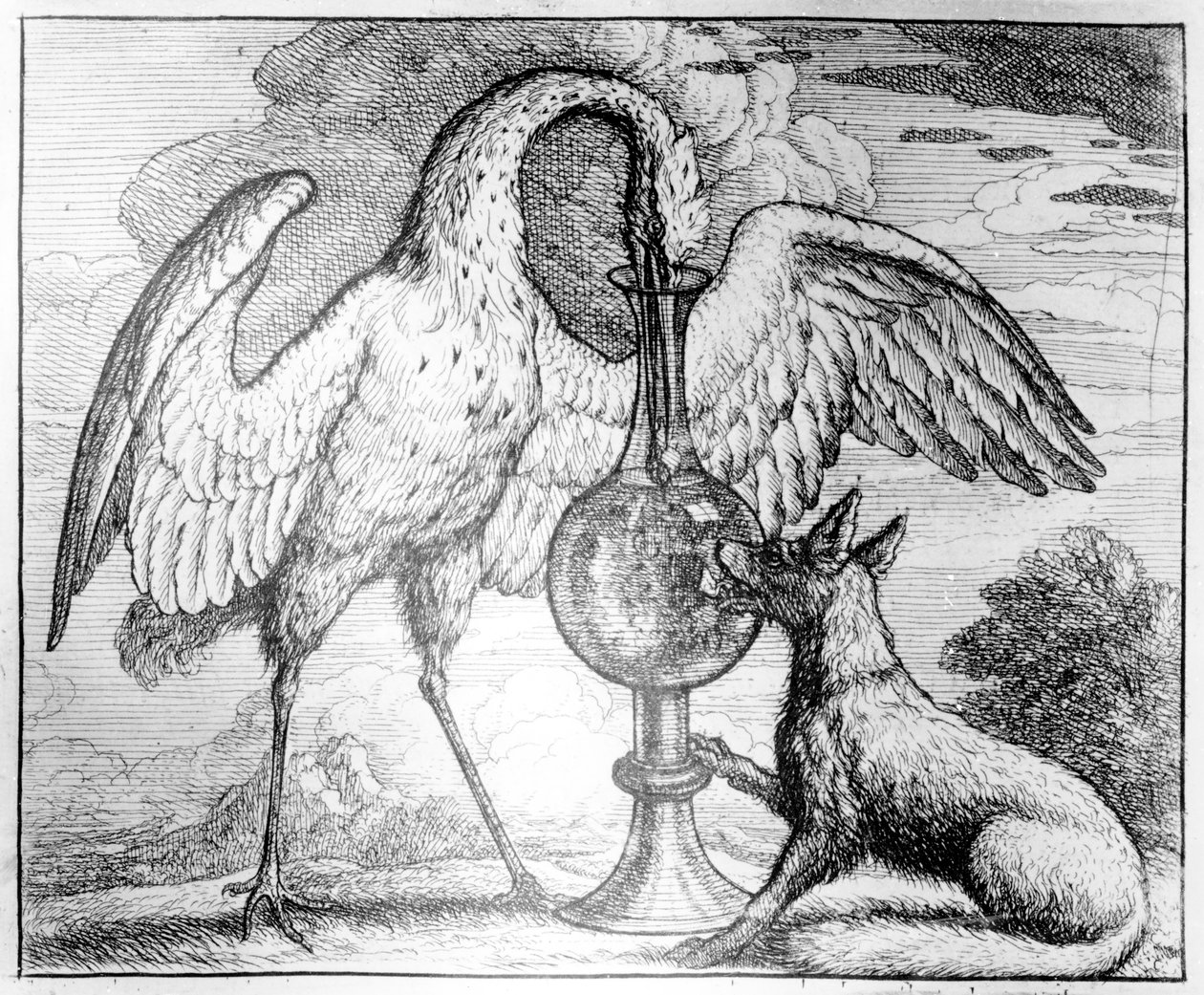 Lis i bocian, ilustracja do „Bajek Ezopa”, 1666 autorstwa Francis Barlow