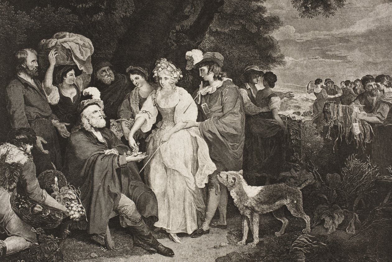 Przed bacówką, akt IV, scena III, z „Opowieści zimowej”, z The Boydell Shakespeare Gallery, wydana pod koniec XIX wieku autorstwa Francis Wheatley