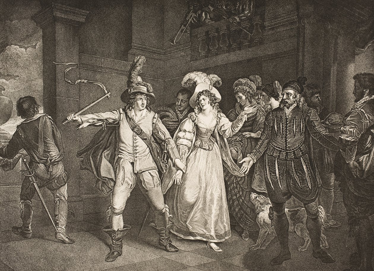 Padwa, przed domem Baptysty, akt III, scena II, z "Poskromienia złośnicy", z The Boydell Shakespeare Gallery, wyd. koniec XIX w. autorstwa Francis Wheatley