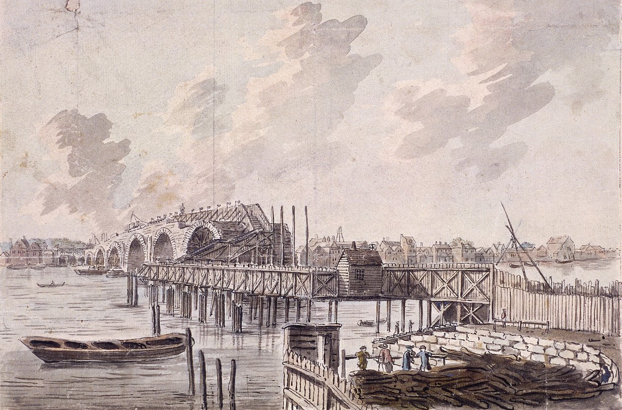 Budowa Blackfriars Bridge, Londyn, ok. 1762 r. autorstwa Francis Grose