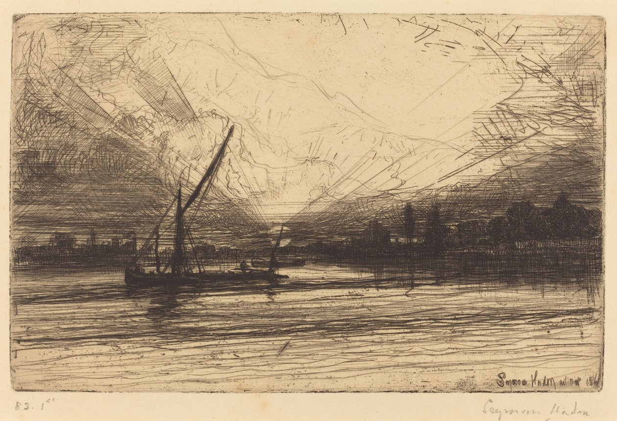 Zachód słońca nad Tamizą autorstwa Francis Seymour Haden