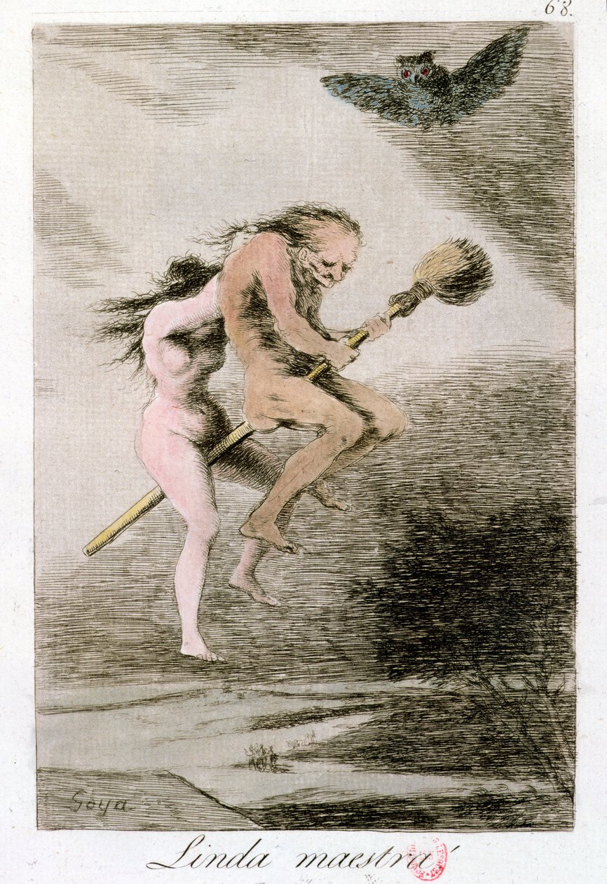 Linda Maestra (Piękna Nauczycielka), płyta 68 z "Los Caprichos", koniec XVIII wieku (rycina kolorowa) autorstwa Francisco de Goya