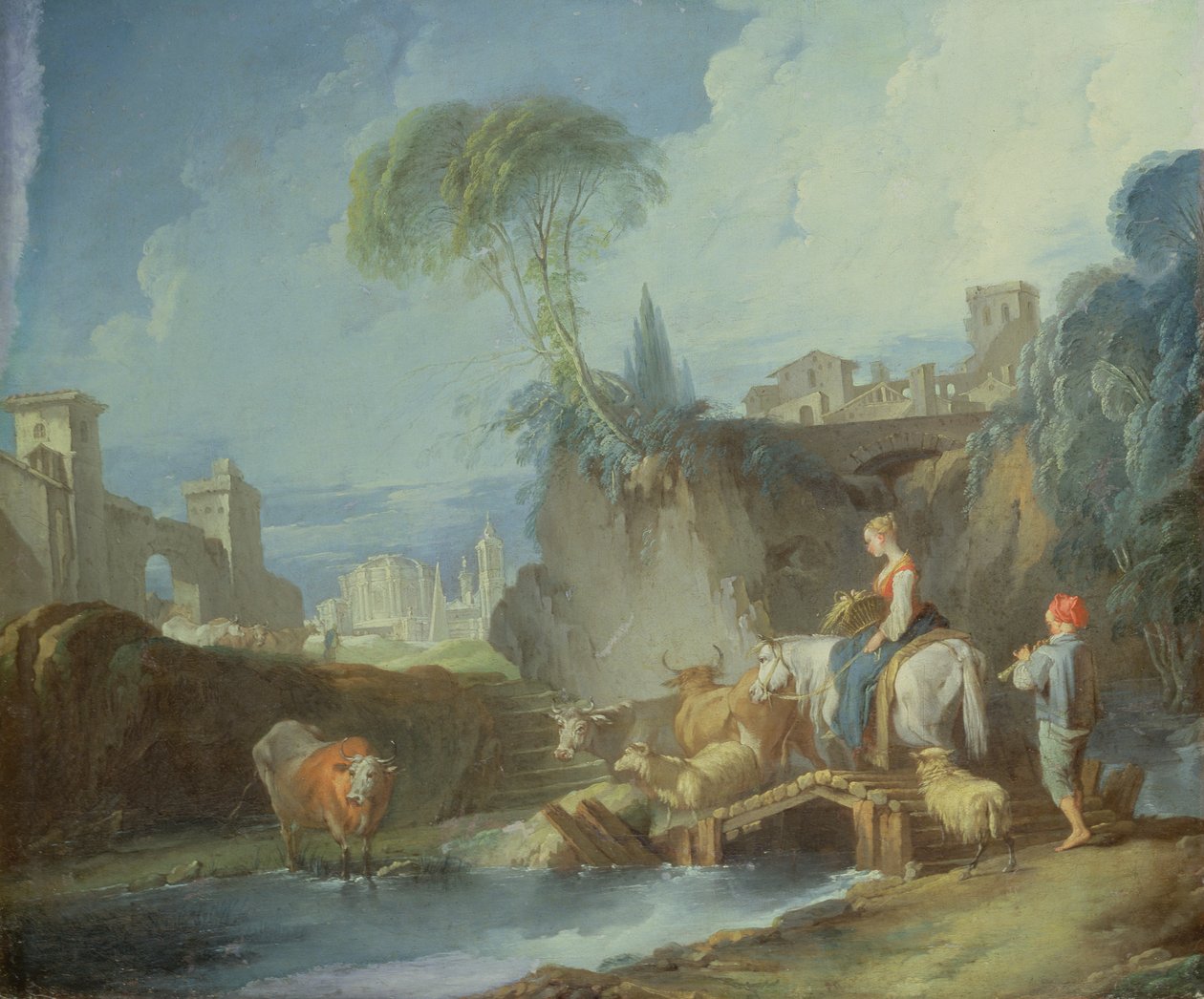 Przejście przez most, koniec lat 30. XVIII wieku (lewa połowa oryginalnego obrazu z 73442) autorstwa François Boucher
