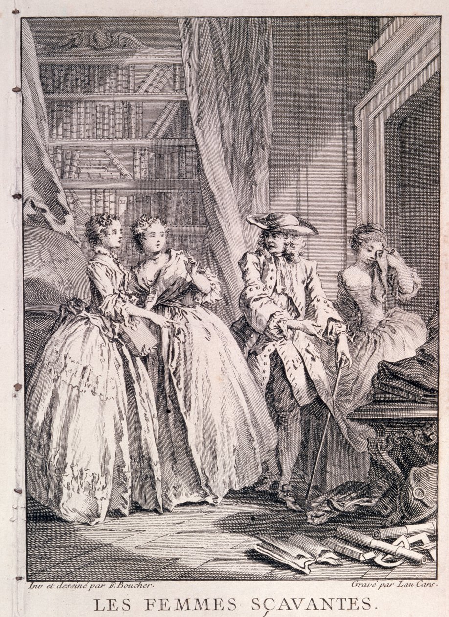 Scena z „Les Femmes Savantes” (Niebieskie pończochy) Moliera (1622-73), grawerowana przez Laurenta Cars autorstwa François Boucher