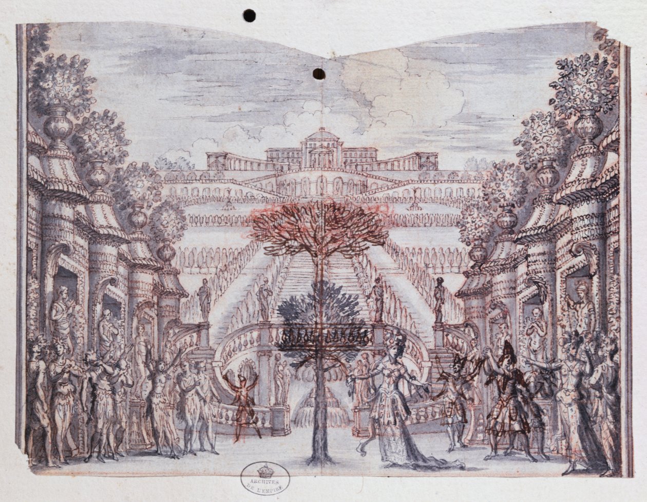 Scenografia do „Atys” z kolekcji „Les Menus Plaisirs du Roi” (kreda francuska, długopis, tusz i pranie) autorstwa Francois Chauveau