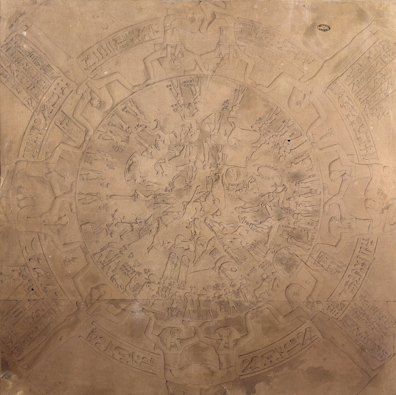Astrologiczna planisfera zodiaku Dendery, z sufitu kaplicy w Świątyni Hathor, Dendera, Egipt, 1822 (pióro, ołówek i wc na papierze) autorstwa Francois Chretien Gau