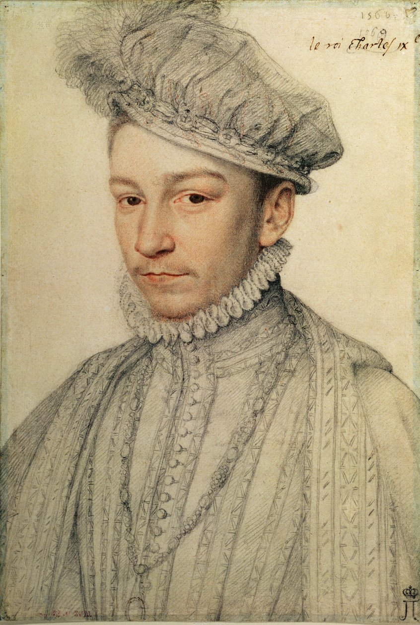Portret króla Francji Karola IX, 1566 (czarna kreda i sangwina) autorstwa François Clouet