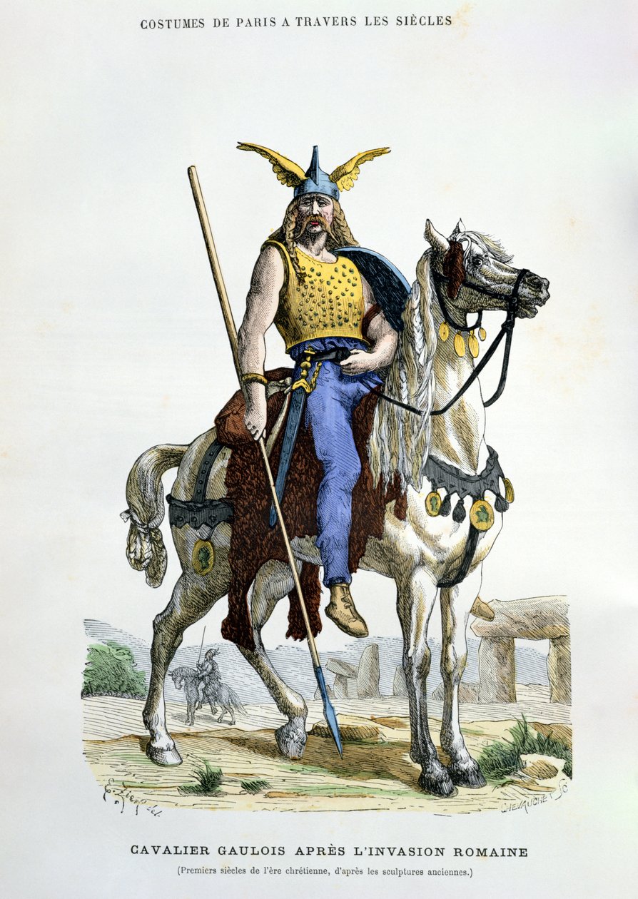 Galijski wojownik po inwazji na Rzym, ilustracja z „Costumes de Paris a Travers les Siecles” H. Gourdona de Genouillac, sztychowana przez Chevauche, 1879 autorstwa Francois Edouard Zier