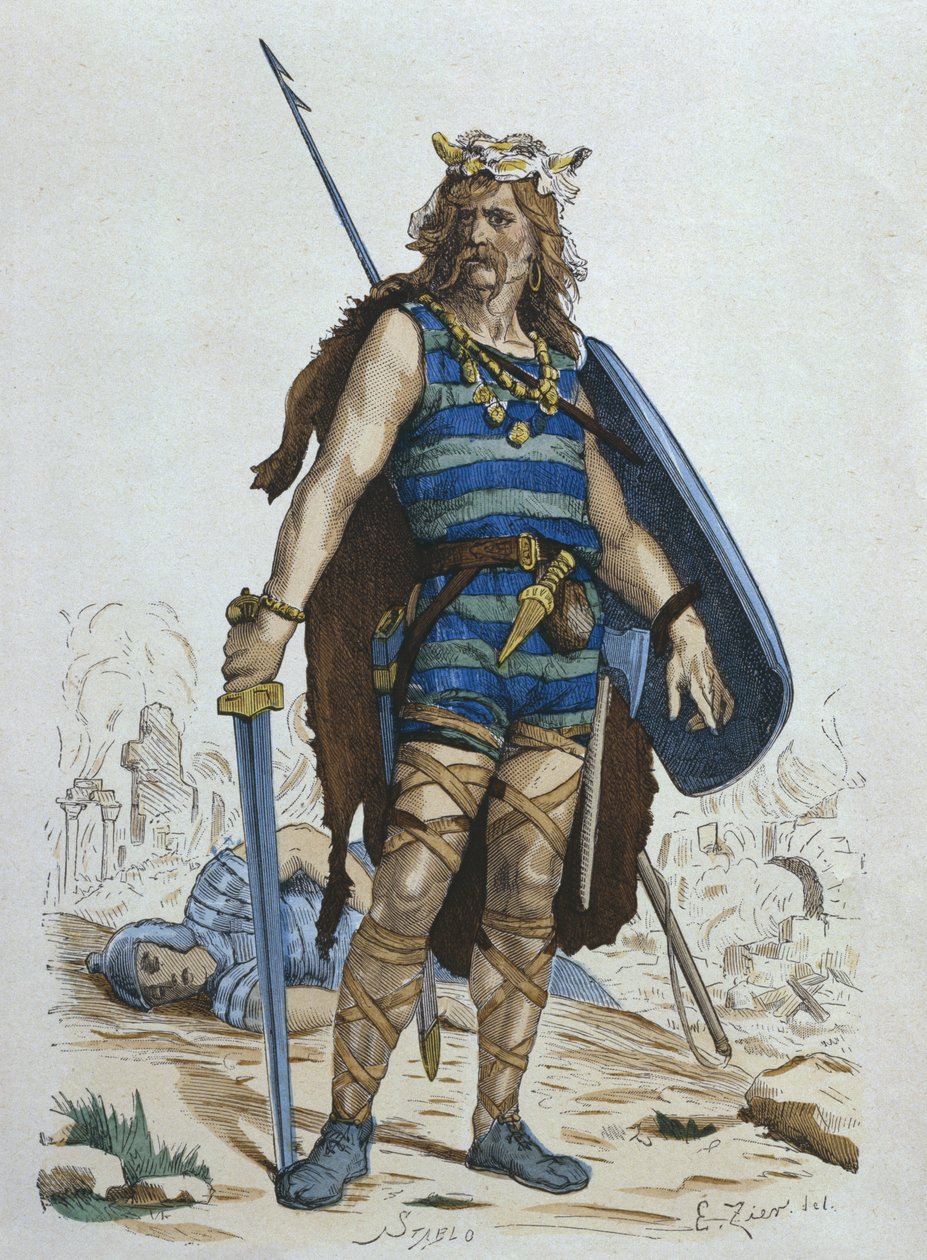 Franków wojownik w V w., ilustracja z „Costumes de Paris a travers les siecles” H. Gourdona de Genouillac, sztychowana przez Stabla (XIX w.) (kolorystyka) autorstwa Francois Edouard Zier