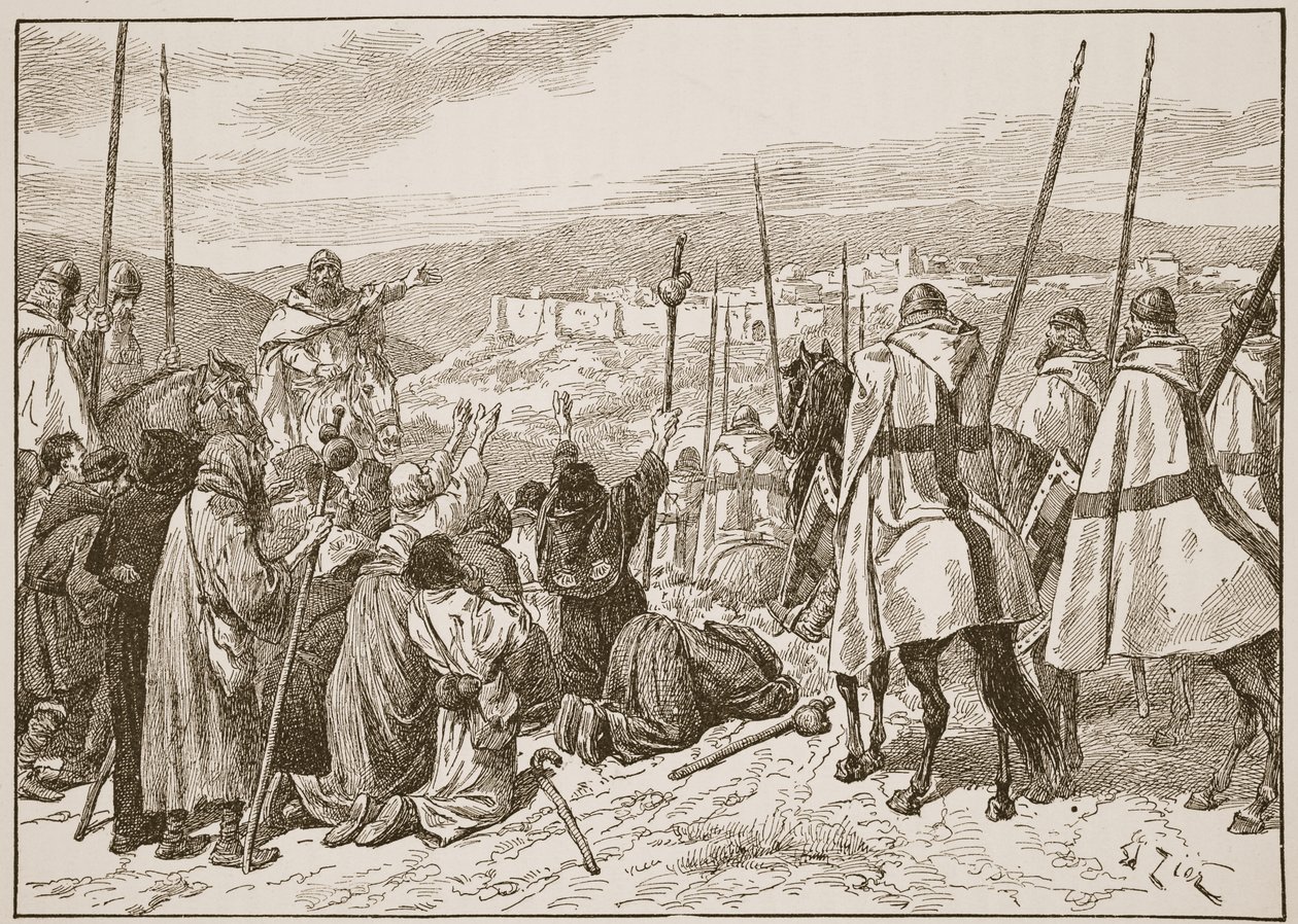 Pielgrzymi pod eskortą templariuszy, w zasięgu wzroku Jerozolimy, ilustracja z „Kościoła anglikańskiego: historia dla ludu” autorstwa H.D.M. Spence-Jones, wyd. ok. 1910 (zdjęcie w sepii) autorstwa Francois Edouard Zier