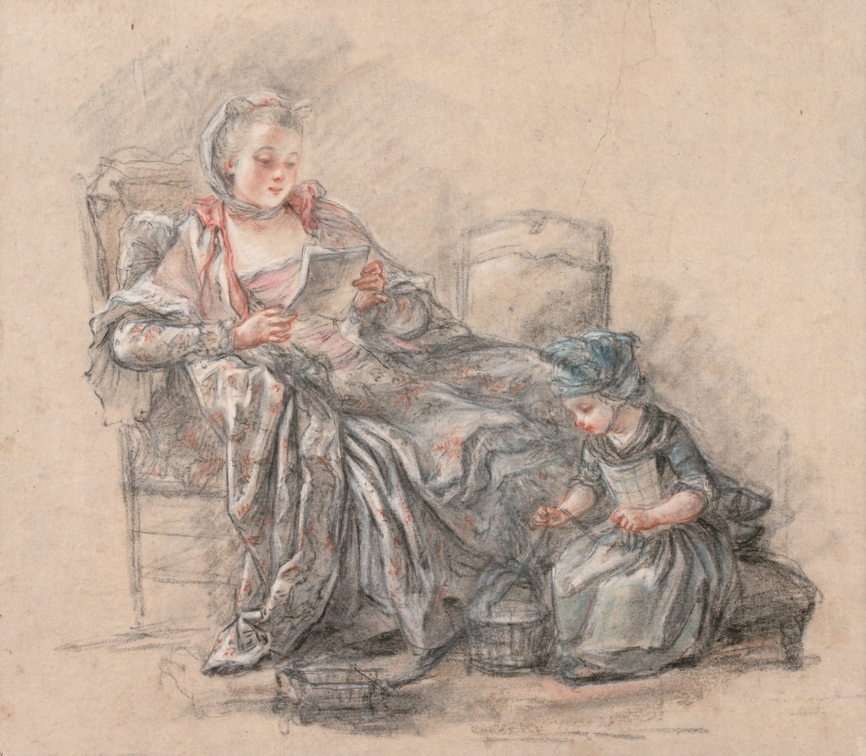 Kobieta czytająca i grająca dziewczyna (prawdopodobnie markiza de Pompadour z córką Alexandrine), 1748 autorstwa Francois Guérin
