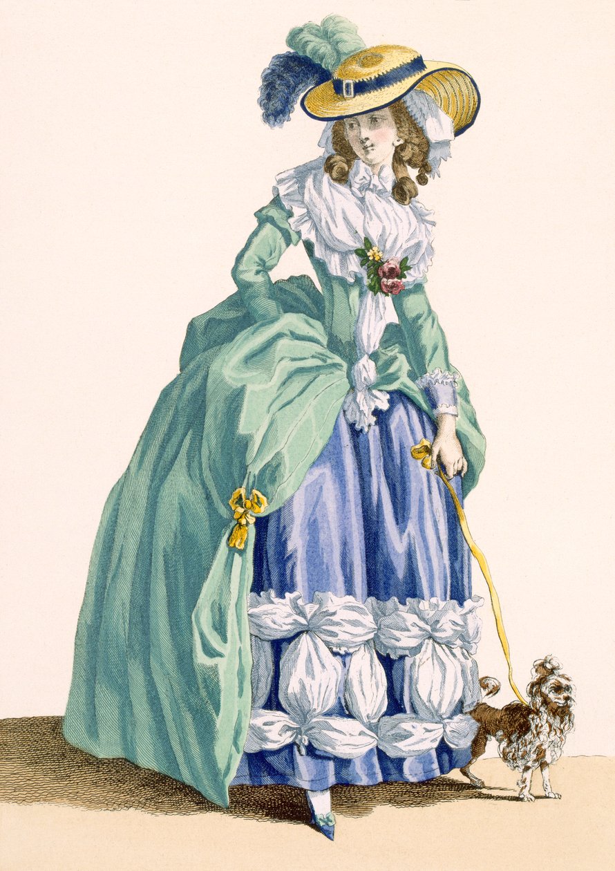 Dama spacerująca z psem, rycina Dupina, nr 190 z "Galeries des Modes et Costumes Francais", ok. 1778-87 99:odzież; strój tradycyjny; strój tradycyjny; moda; ilus autorstwa Francois Louis Joseph Watteau