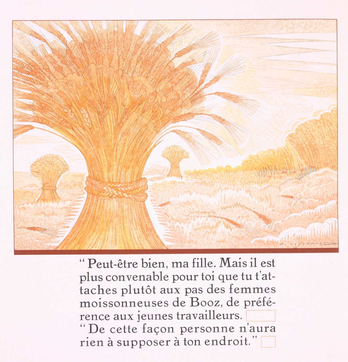 Ruth doradzono, by podążała za żniwiarzami Boaza, z „Ruth et Booz”, przekład J.C. Mardrus, opublikowany 1930 autorstwa Francois Louis Schmied
