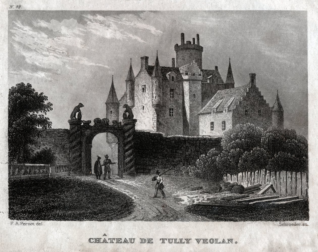 Zamek Craighalla. (Grawerowanie, ok. 1830) autorstwa Francois Alexandre (after) Pernot
