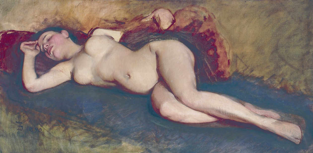 Leżący akt (olej na płótnie) autorstwa Frank Duveneck