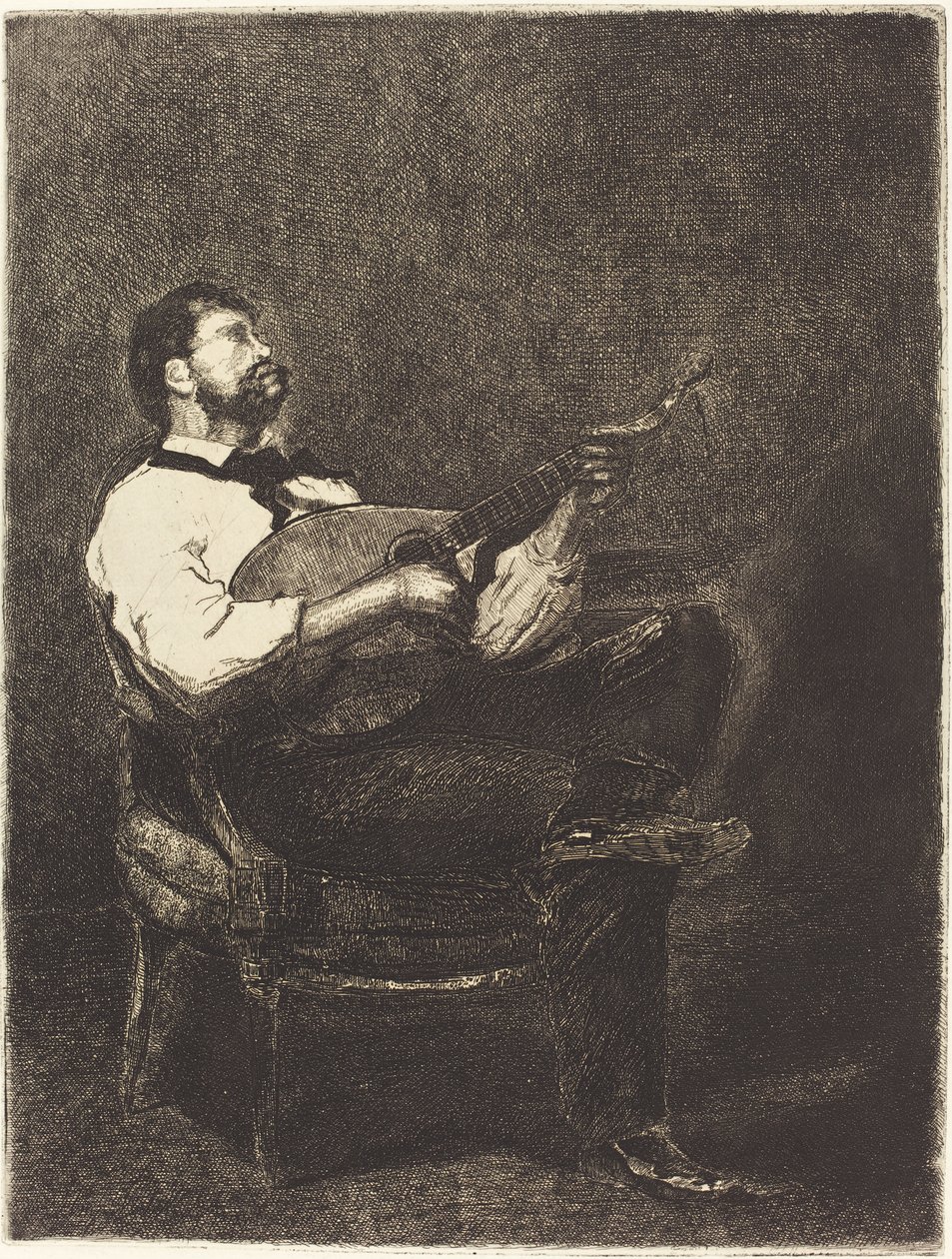 Gitarzysta, 1861 (akwaforta na papierze wykładanym) autorstwa François Bonvin