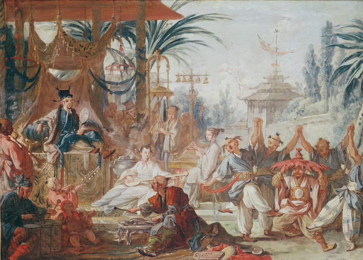 Chinoiseries: Danse Chinoise (studium przygotowawcze do gobelinu), ok. 1742 r. autorstwa François Boucher