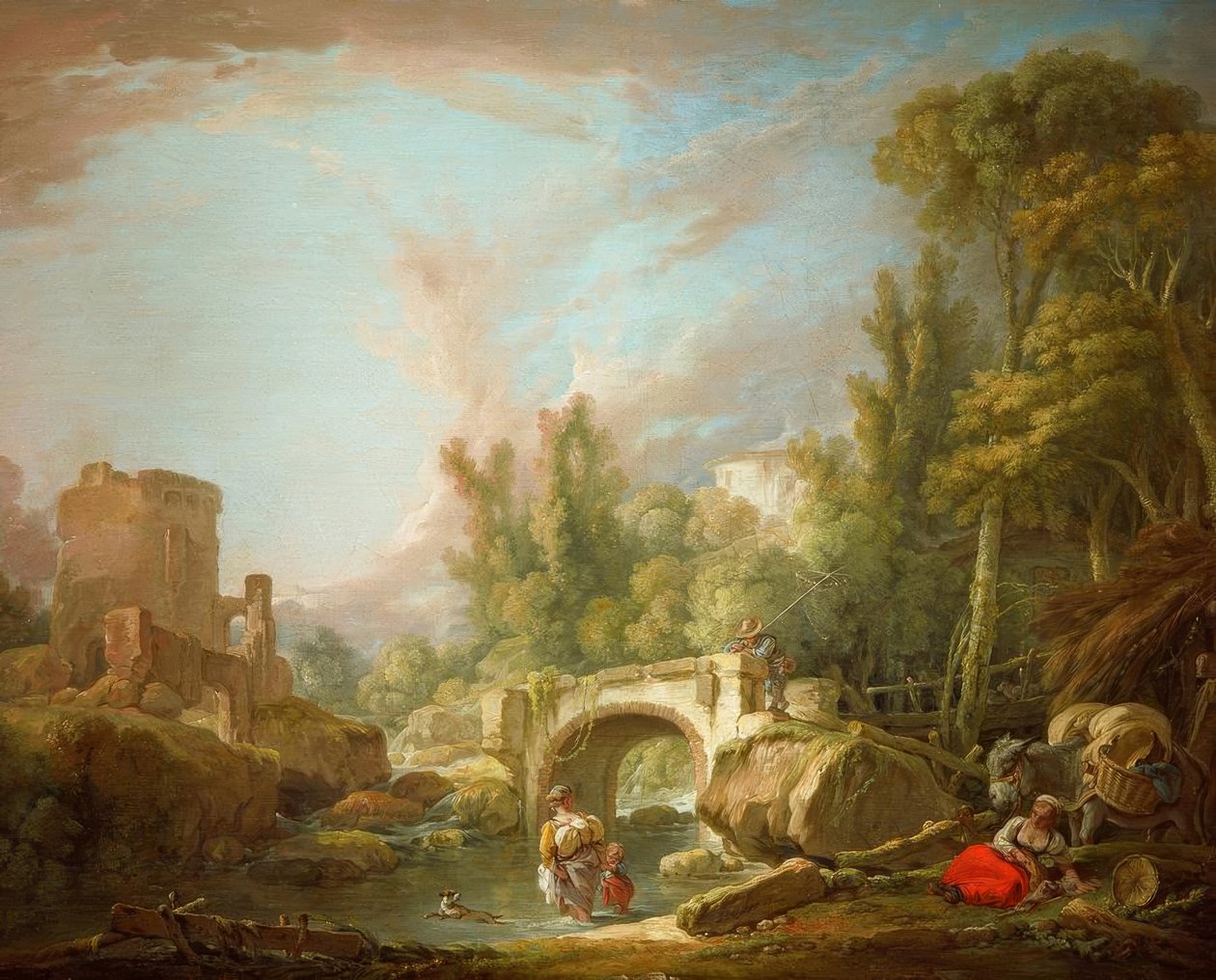Krajobraz rzeki z ruinami i mostem autorstwa François Boucher