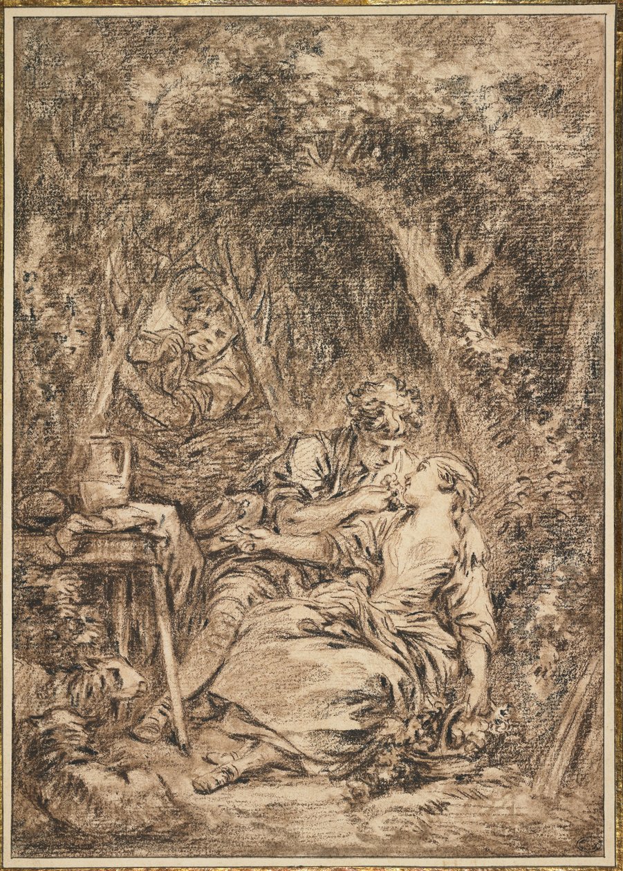 Zaskoczeni kochankowie (Annette et Lubin), początek lat 60-tych XVIII w. (brąz i czarna kreda, domieszka brązu) autorstwa François Boucher