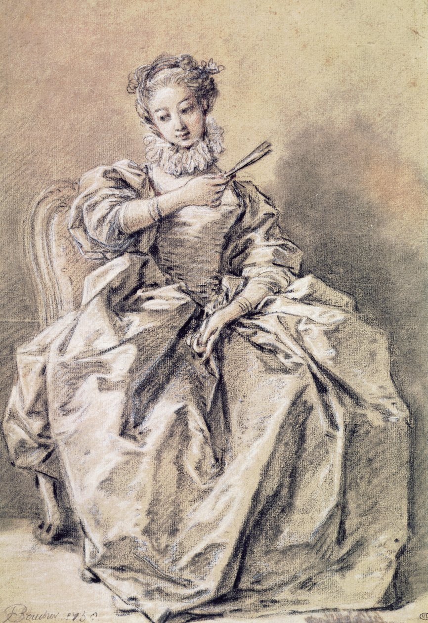Kobieta w hiszpańskim kostiumie (węgiel drzewny i biała kreda na papierze) autorstwa François Boucher