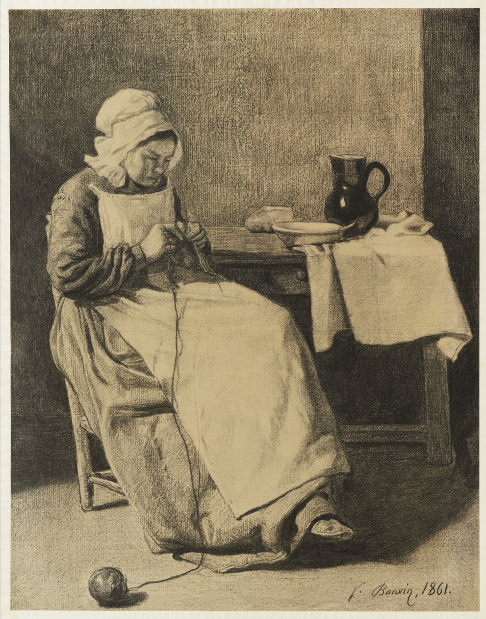 Sługa robienia na drutach, 1861 autorstwa François Bonvin