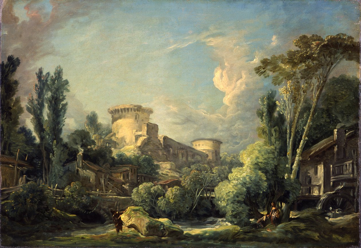 Krajobraz z zamkiem i młynem, ok.1765 autorstwa François Boucher