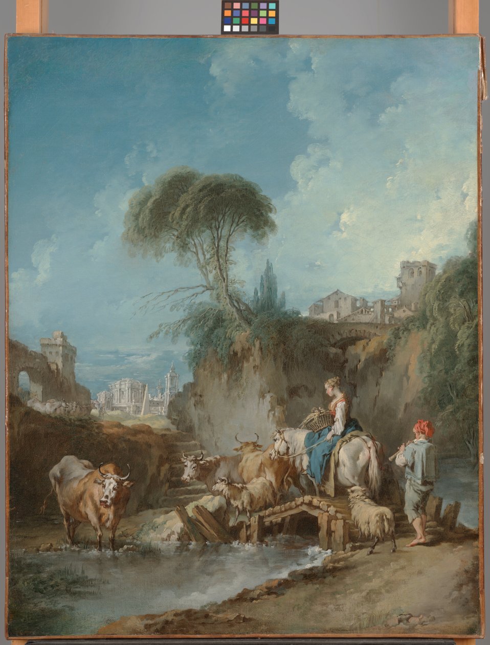 Krajobraz z odległymi budynkami i pasterzem autorstwa François Boucher