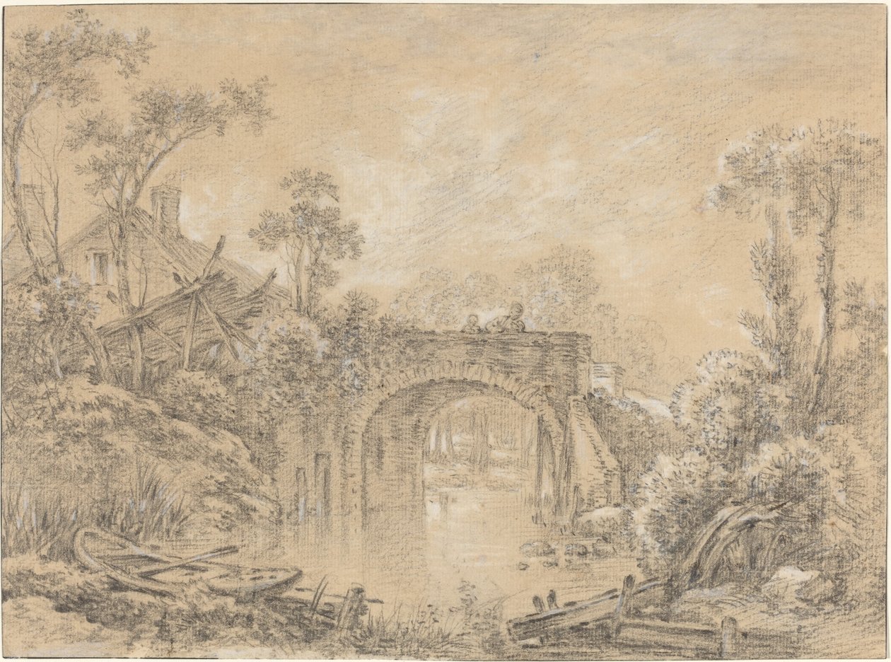 Krajobraz z rustykalnym mostem autorstwa François Boucher