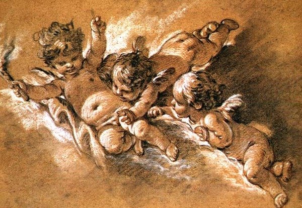 Trzy putta w chmurach (kreda) autorstwa François Boucher