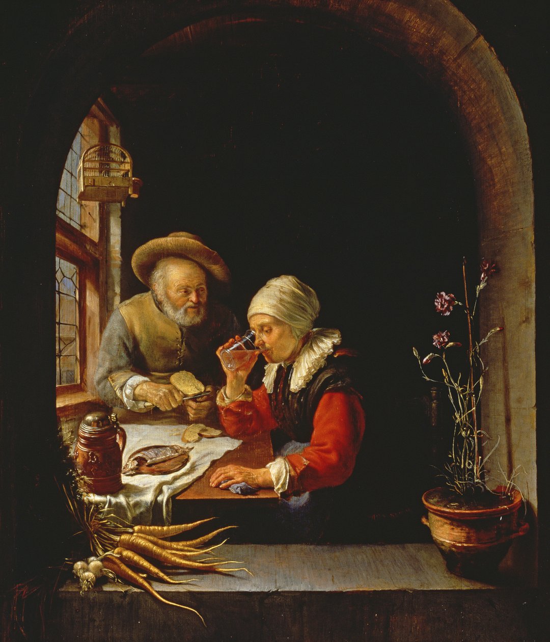 Jedzenie pary w podeszłym wieku (panel) autorstwa Frans van Mieris