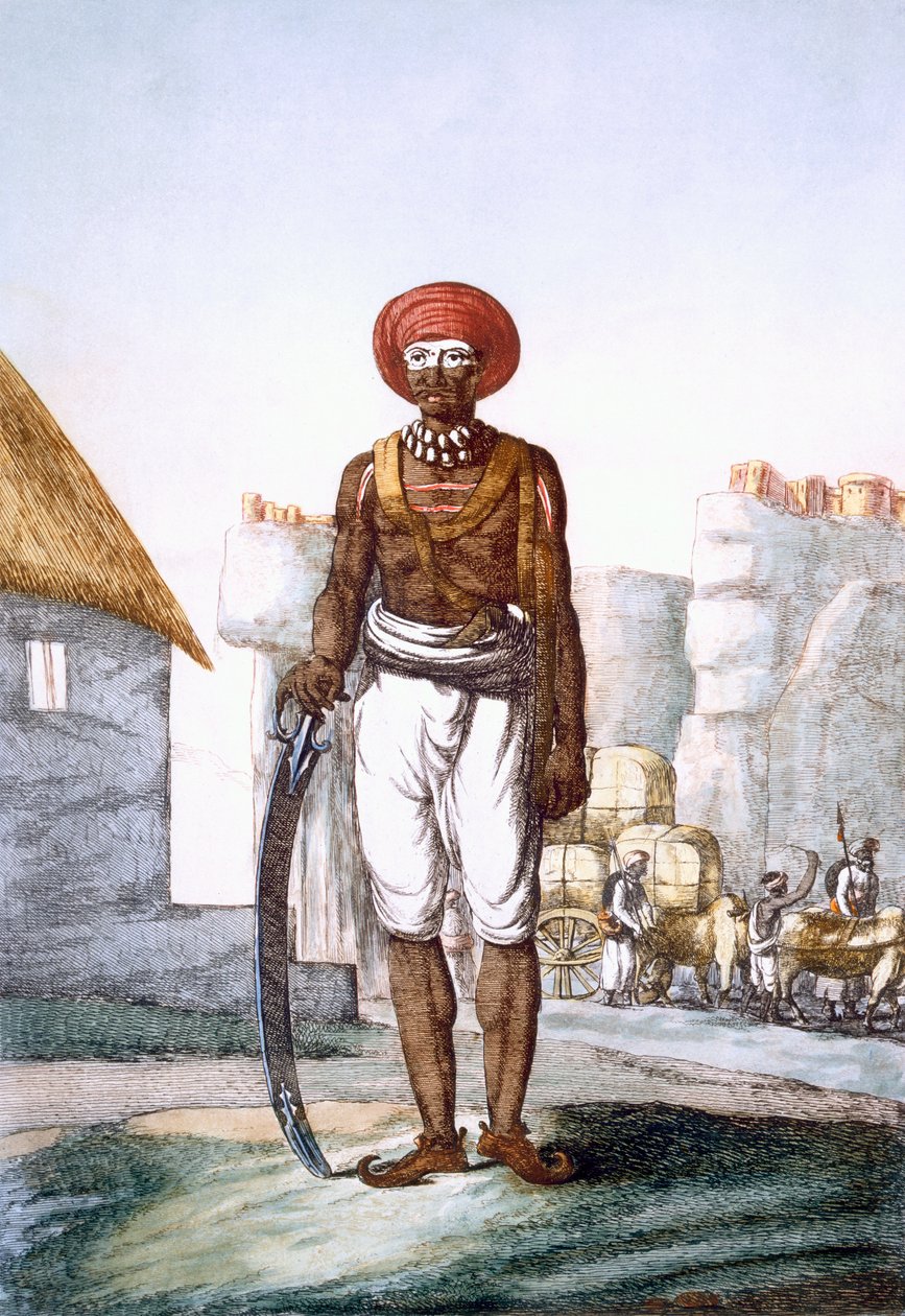 Uzbrojony strażnik plemienia Brijbasis, często używany przez podróżnych jako eskorta, z „Hindusi, czyli opis ich manier, zwyczajów i ceremonii, c.1808-12 (ręcznie barwione grawerunki) autorstwa Franz Balthazar Solvyns