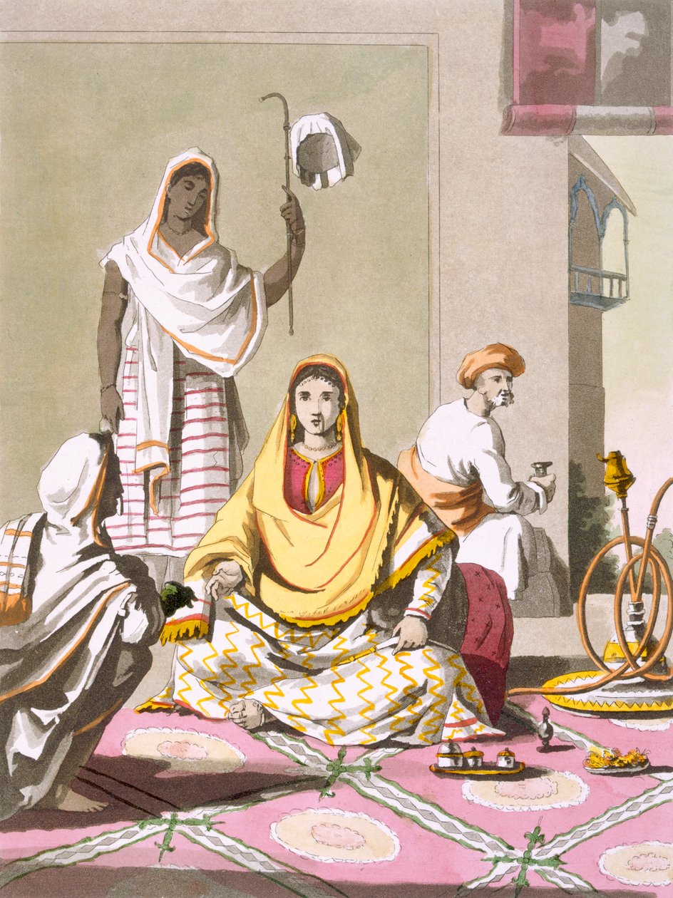 Hinduska w stroju, z gośćmi i służbą, z „Costume dei...” Giulio Ferrario, ok. 1820-30 (kolorowe grawerowanie) autorstwa Franz Balthazar Solvyns