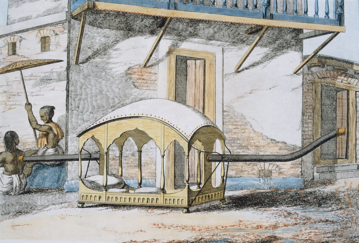 Majanah, czyli zadaszony leżący palankin, z „Maniery, zwyczaje i suknie Hindusów”, 1799 (kolorowa akwaforta) autorstwa Franz Balthazar Solvyns