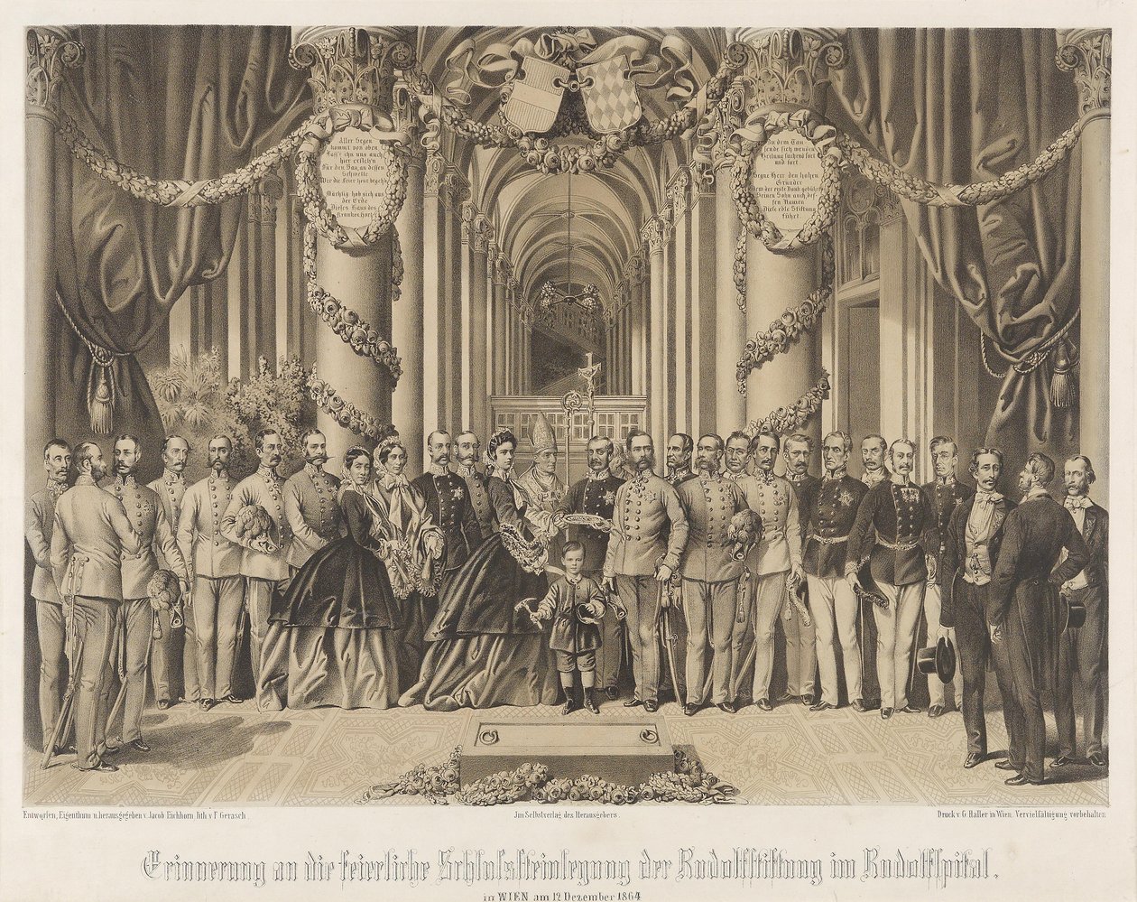 Wspomnienie ceremonii wmurowania zwornika dla Rudolfstiftung w Rudolfspital w 1864 roku autorstwa Franz Gerasch